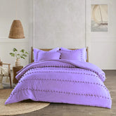 3 Pcs Luxury Duvet Set With Pom Pom Lace - Purple