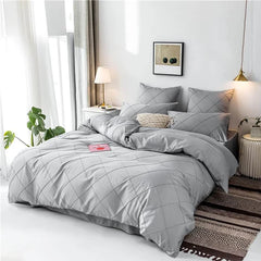 3 Pcs Cross Pleated Duvet Set - Grey