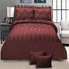 3 Pcs Pintuck & Cross Pleated Duvet Set - Maroon