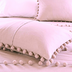 3 Pcs Luxury Duvet Set With Pom Pom Lace - Light Pink