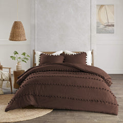 3 Pcs Luxury Duvet Set With Pom Pom Lace - Brown