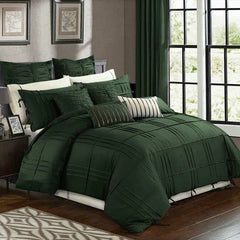 3 Pcs Luxury Box Pleated Duvet Set- Green