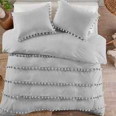 3 Pcs Luxury Duvet Set With Pom Pom Lace -  Light Grey