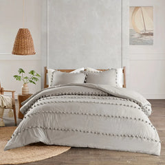 3 Pcs Luxury Duvet Set With Pom Pom Lace -  Light Grey