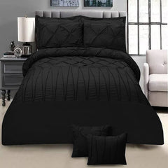 3 Pcs Pintuck & Cross Pleated Duvet Set - Black