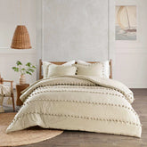 3 Pcs Luxury Duvet Set With Pom Pom Lace - Beige