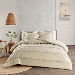3 Pcs Luxury Duvet Set With Pom Pom Lace - Beige