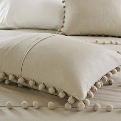3 Pcs Luxury Duvet Set With Pom Pom Lace - Beige