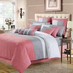 3 Pcs  Luxury Horizontal Pleats Duvet Set -   Grey And Pink
