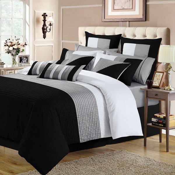 3 Pcs  Luxury Horizontal Pleats Duvet Set - Grey And Black