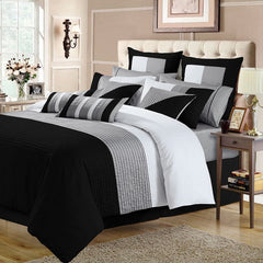 3 Pcs  Luxury Horizontal Pleats Duvet Set - Grey And Black