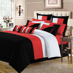 3 Pcs  Luxury Horizontal Pleats Duvet Set -  Red And Black