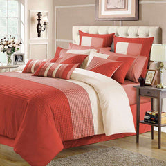 3 Pcs  Luxury Horizontal Pleats Duvet Set -    Coral And Peach