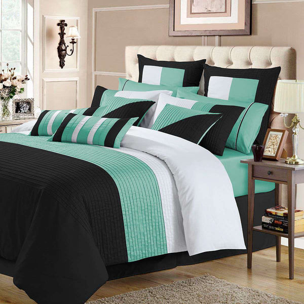 3 Pcs  Luxury Horizontal Pleats Duvet Set - Ferozi And Black