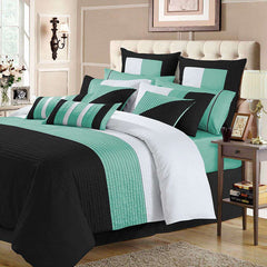 3 Pcs  Luxury Horizontal Pleats Duvet Set - Ferozi And Black