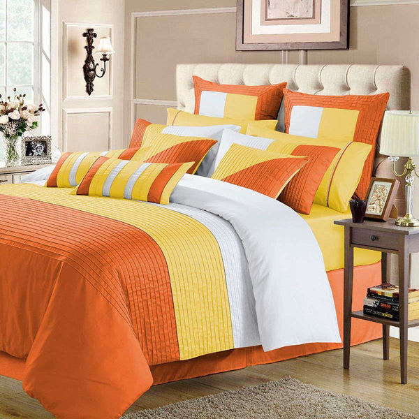 3 Pcs  Luxury Horizontal Pleats Duvet Set - Orange And Yellow