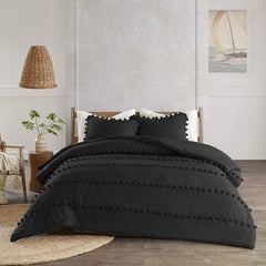 3 Pcs Luxury Duvet Set With Pom Pom Lace -  Black