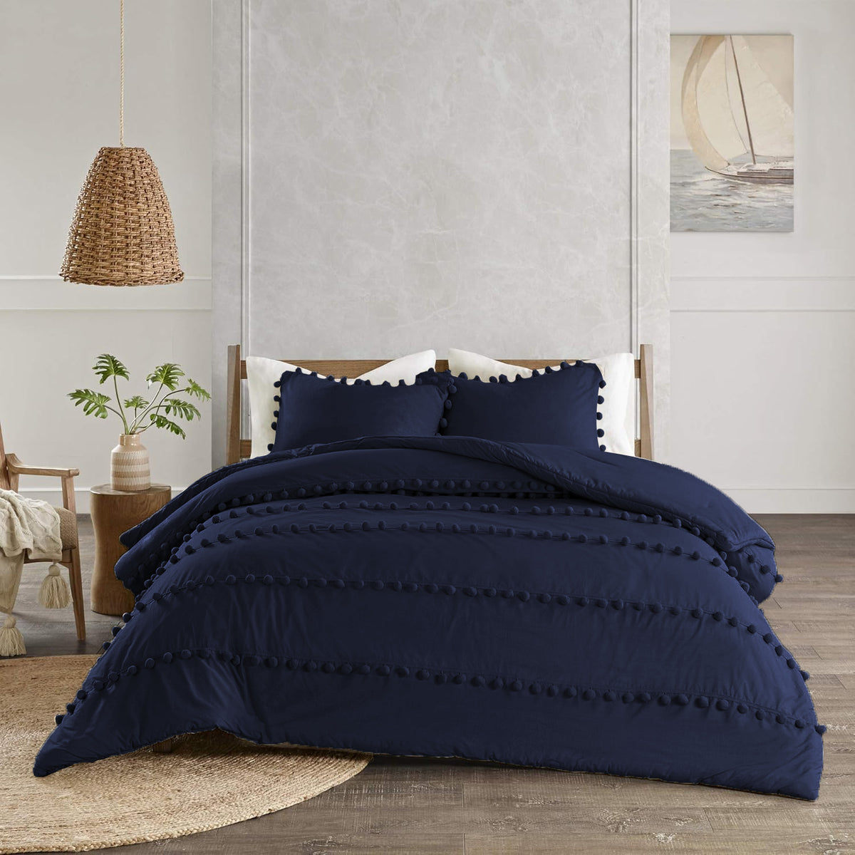 3 Pcs Luxury Duvet Set With Pom Pom Lace -  Black
