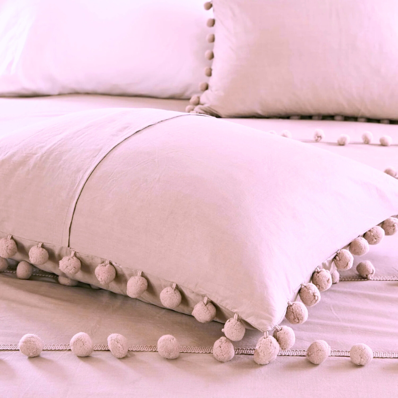 3 Pcs Luxury Duvet Set With Pom Pom Lace - Light Pink