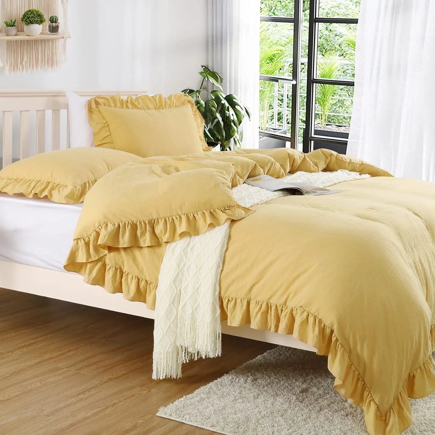 3 Pcs Ruffle Edge Duvet Cover Set - Yellow (264)