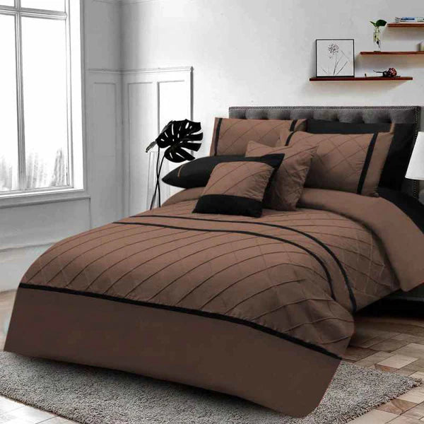3 Pcs Pinch Pleated Duvet Set - Brown & Black