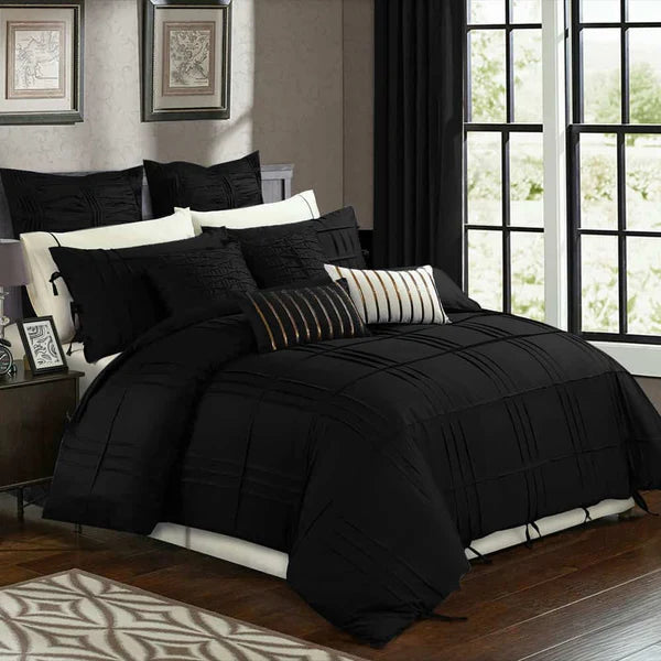 3 Pcs Luxury Box Pleated Duvet Set- Black