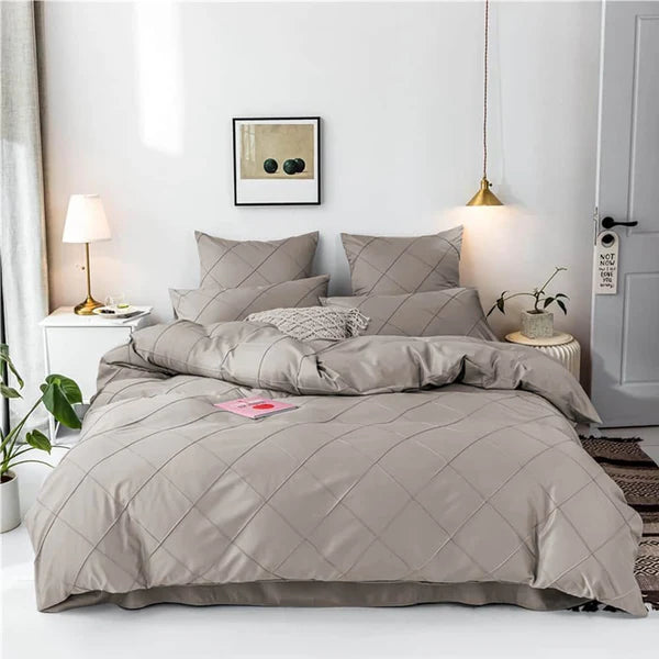 3 Pcs Cross Pleated Duvet Set - Beige