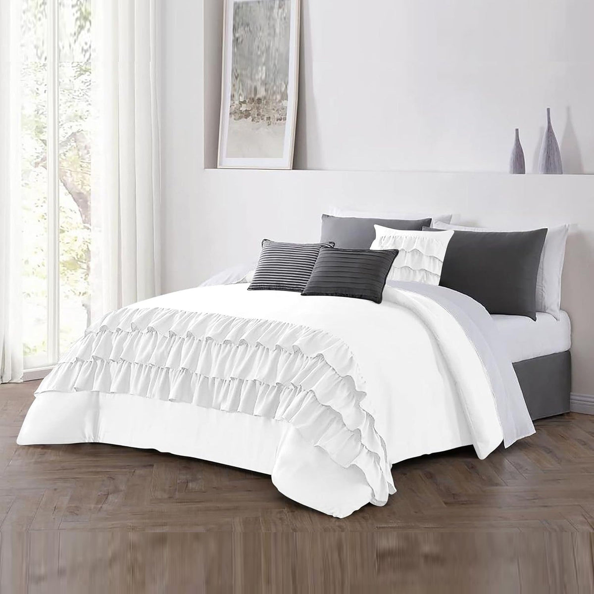 8 Pcs Ruffle Duvet Cover Set - White (0132)