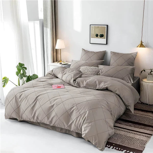 3 Pcs Cross Pleated Duvet Set - Beige
