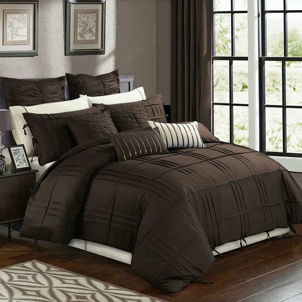 3 Pcs Luxury Box Pleated Duvet Set- Brown