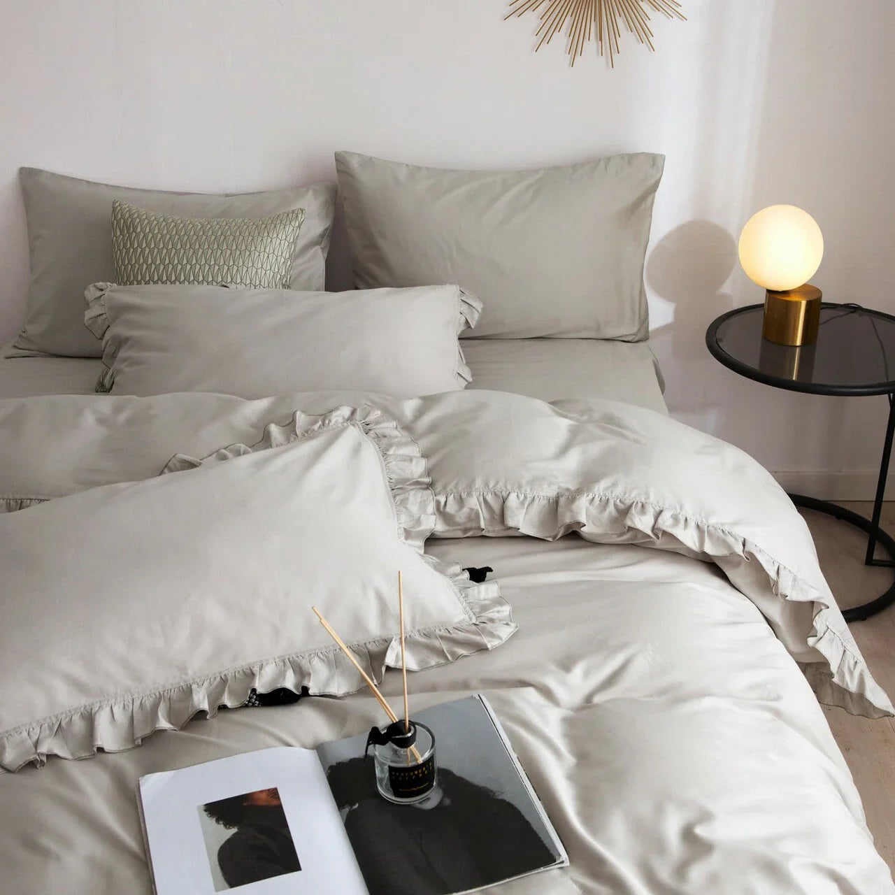 3 Pcs Ruffle Edge Duvet Cover Set - Grey (258)