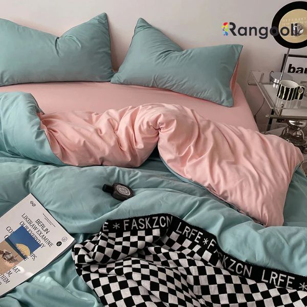 Reversible Duvet Cover Set King Size - Aqua Green & Light Pink (173)