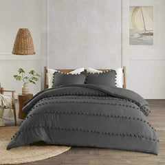 3 Pcs Luxury Duvet Set With Pom Pom Lace -  Light Grey