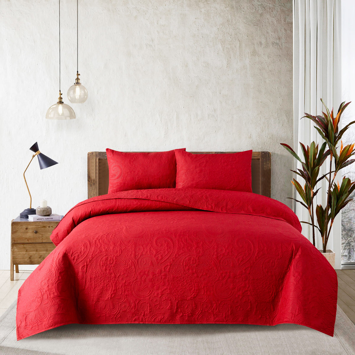 Spiral Vibes 3 Pcs Ultrasonic Bedspread - Red